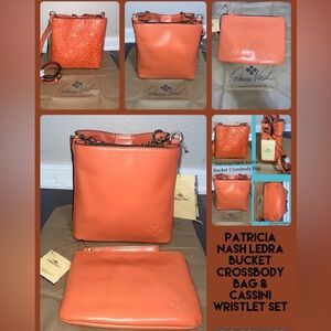 Patricia Nash Ledra Bucket Crossbody Bag & Cassini Wristlet Set in Apricot Color
